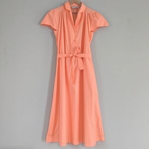 Vintage 1970s Peach Day Dress Retro Short Sleeve Shirt Dress Midi Sz Large